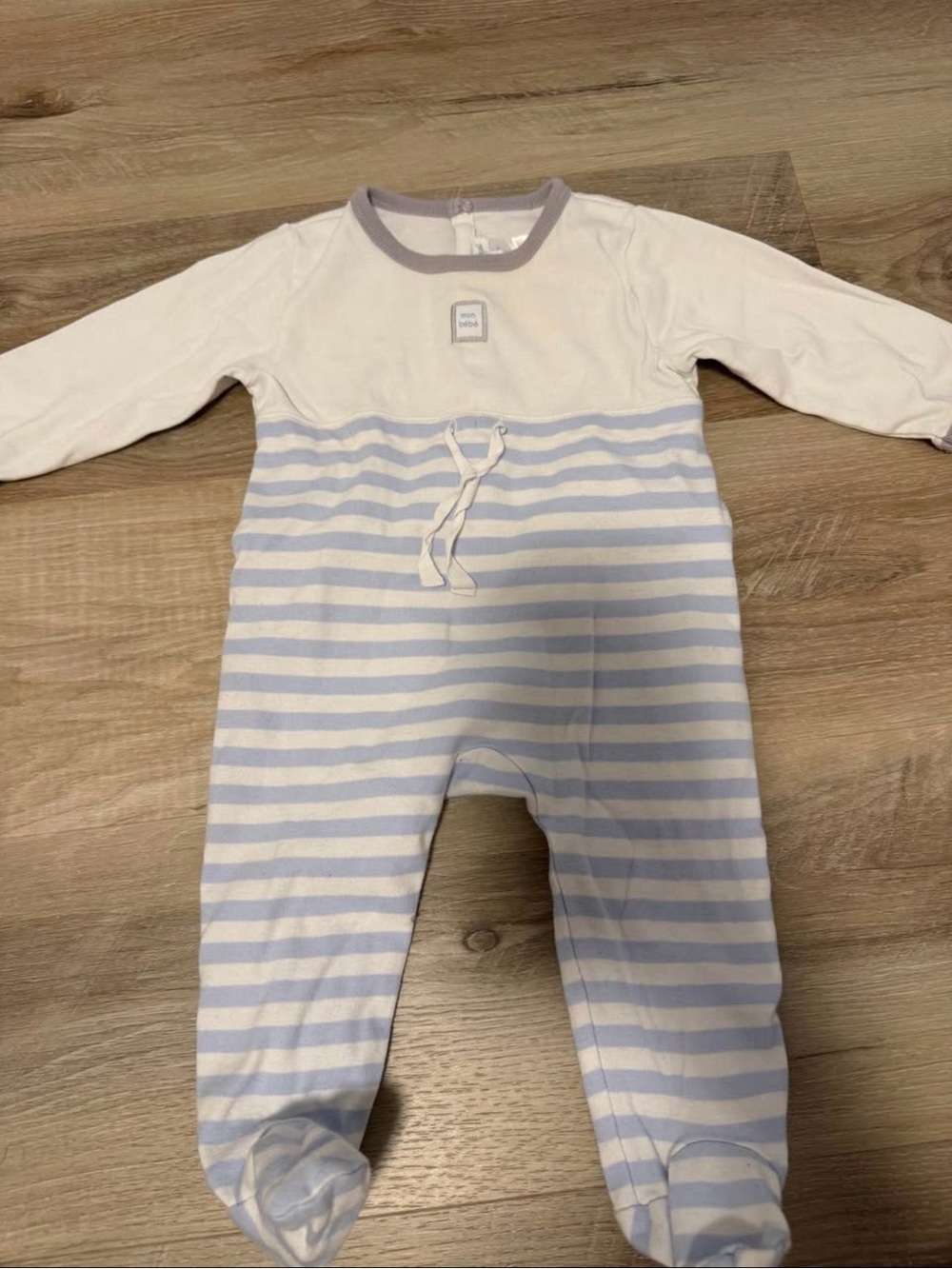 Jacadi White and Light Blue Striped Footed One-Piece